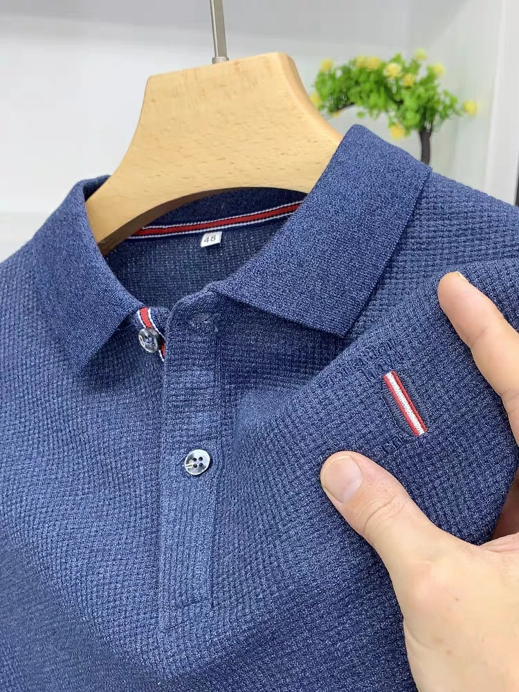 Модная брендовая мужская рубашка поло с вышивкой и длинными рукавами 2023, весенне-осенний лацкан, высококачественная деловая повседневная монохромная футболка Изображение 0