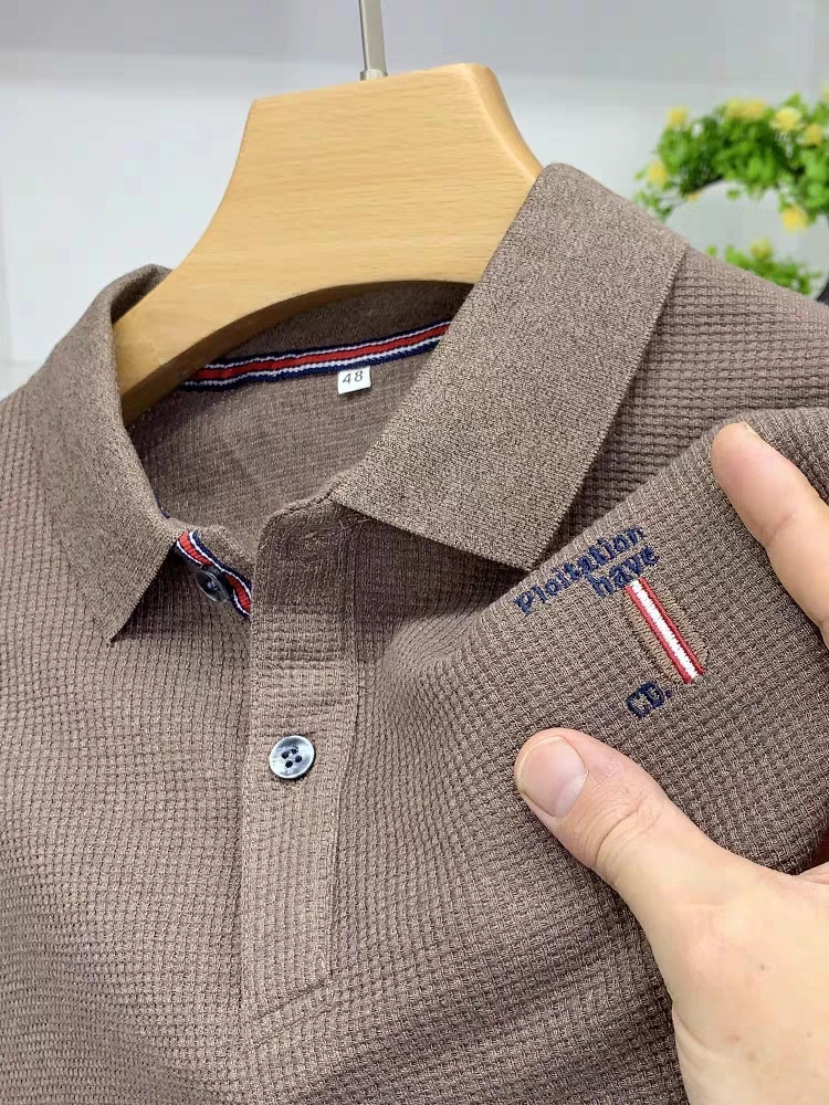 Модная брендовая мужская рубашка поло с вышивкой и длинными рукавами 2023, весенне-осенний лацкан, высококачественная деловая повседневная монохромная футболка Изображение 2