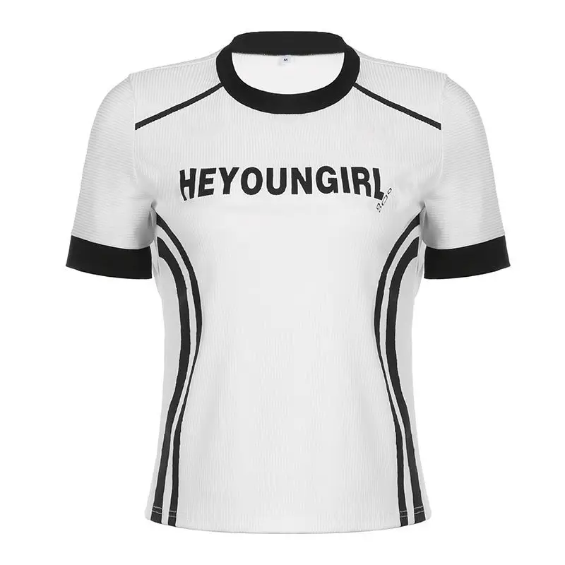 STSVZORR Летняя женская футболка в спортивном стиле с контрастным принтом в полоску, женский трикотажный топ приталенного кроя Y2K с коротким рукавом Изображение 5
