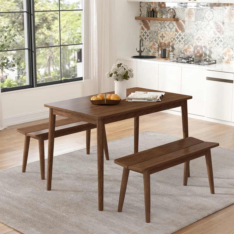 Набор деревянных обеденных столов из 3 предметов, кухонная мебель на 4 персоны, современный столовый набор с 2 скамейками, просторная столешница для кухни-столовой Изображение 0