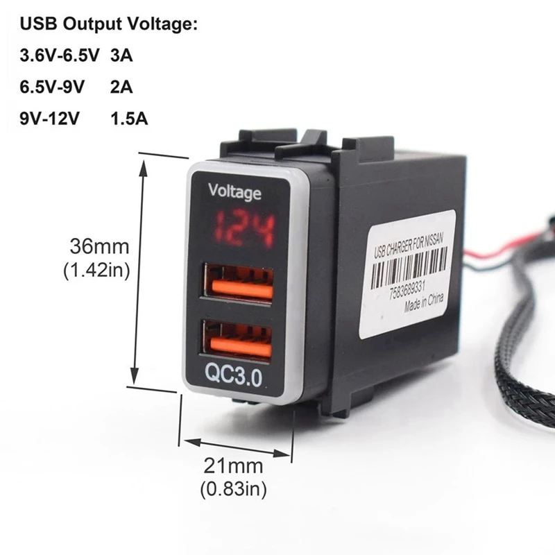 2X Автомобильный USB-порт Зарядное Устройство USB QC3.0 Разъем Для Быстрой зарядки С Дисплеем Напряжения Для Nissan Qashqai X-Trail Изображение 3