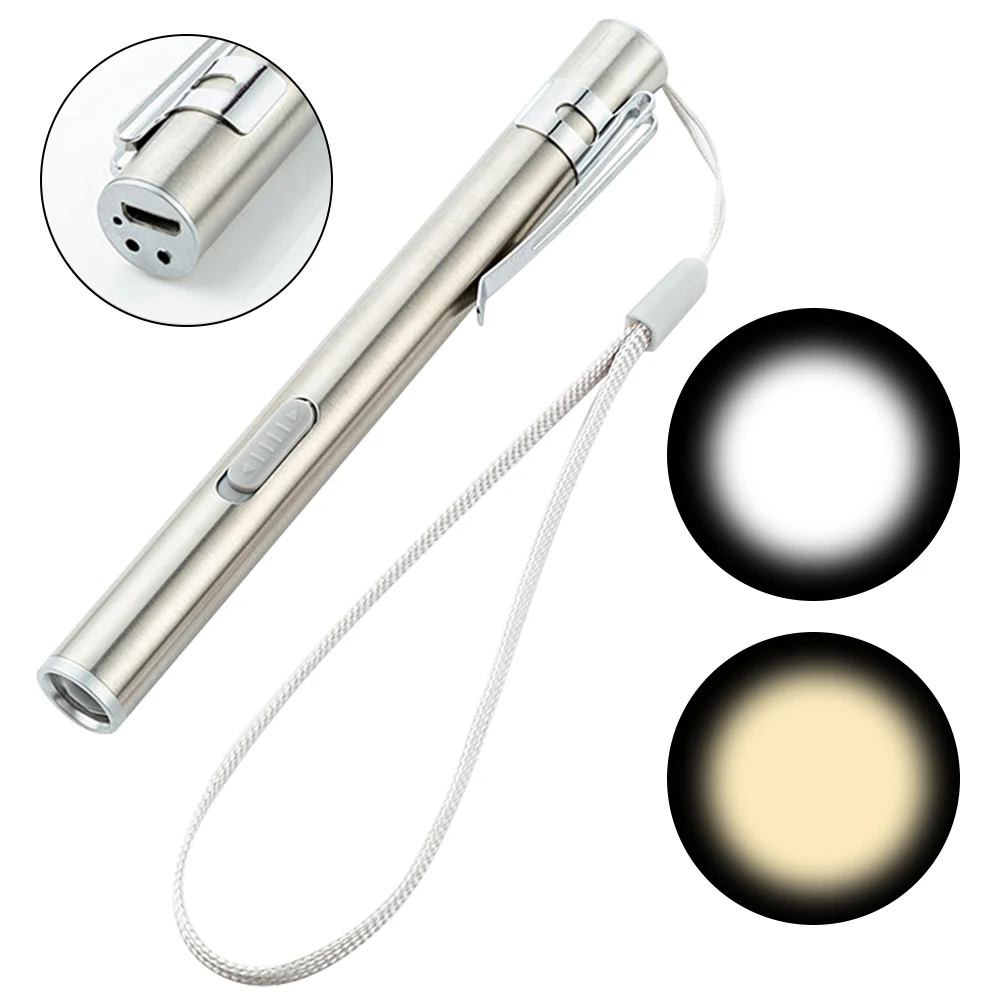 Портативный из нержавеющей стали с мини-USB-аккумулятором, белый + теплый свет, карманный фонарик для медсестер, ручка для кемпинговых врачей Изображение 0