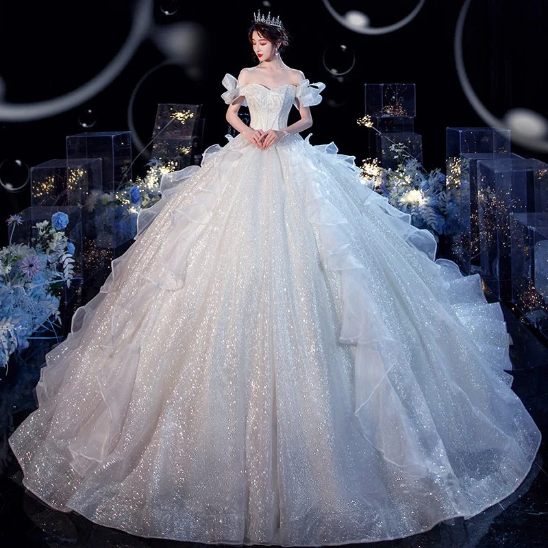 Новое блестящее Роскошное бальное платье, Классические свадебные платья с открытыми плечами, Vestido De Noiva Princesa, Сладкие свадебные платья для невесты Изображение 0