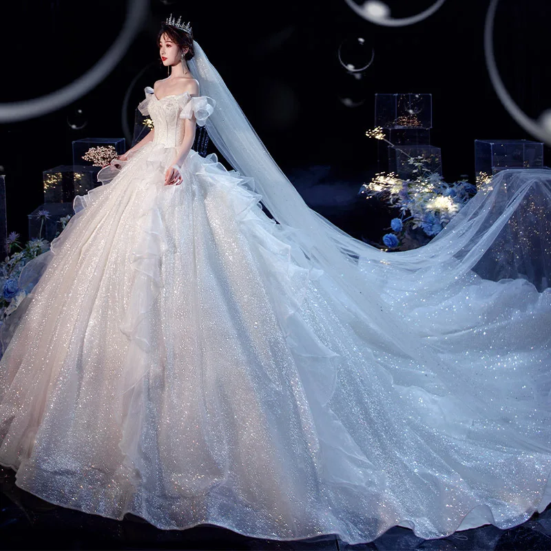 Новое блестящее Роскошное бальное платье, Классические свадебные платья с открытыми плечами, Vestido De Noiva Princesa, Сладкие свадебные платья для невесты Изображение 1