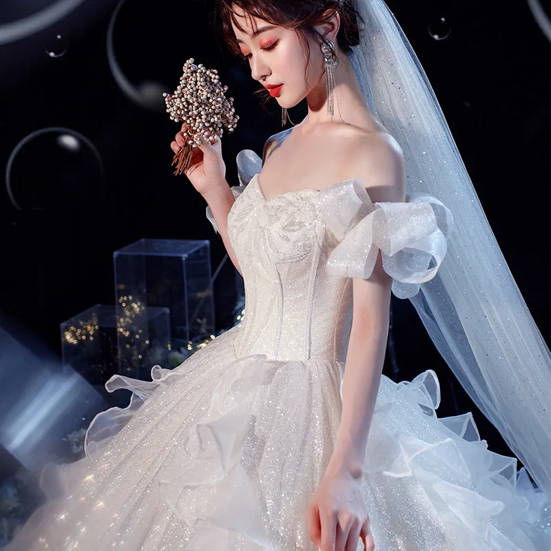 Новое блестящее Роскошное бальное платье, Классические свадебные платья с открытыми плечами, Vestido De Noiva Princesa, Сладкие свадебные платья для невесты Изображение 2