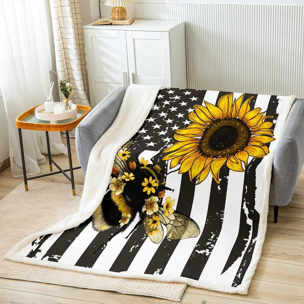Одеяло из шерпы с подсолнухом и пчелой под американским флагом, плюшевое одеяло с желтой пчелой, флисовое одеяло Sweet Honey Bee для детей и взрослых Изображение 0
