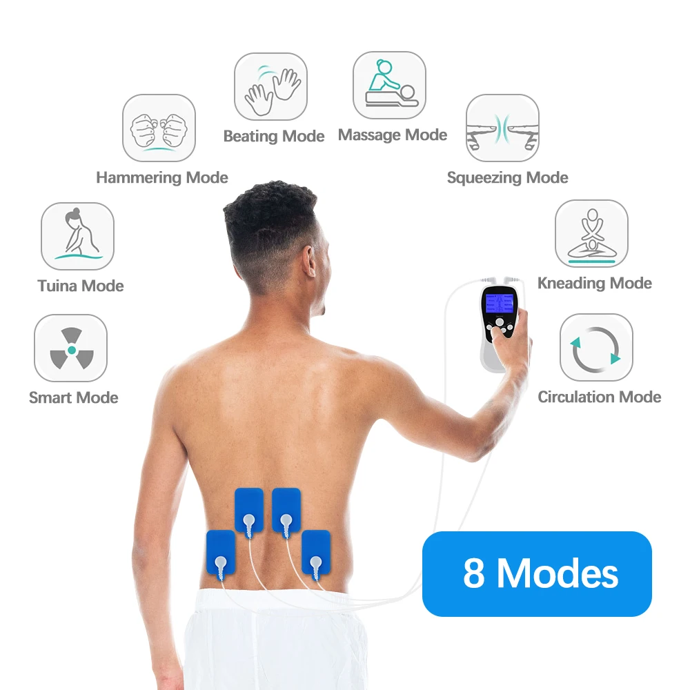 Двухканальный массажер TENS EMS, 8 режимов, Миостимулятор 15 интенсивности для обезболивающей терапии, электронный импульсный массаж Изображение 2