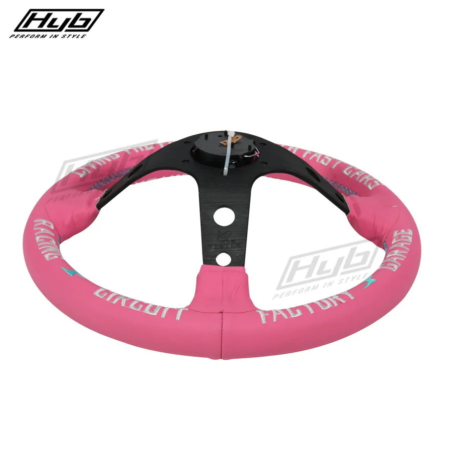 13-дюймовое кожаное розовое рулевое колесо JDM для универсального автомобиля, модифицированное Гоночное игровое рулевое колесо для дрифта Изображение 2
