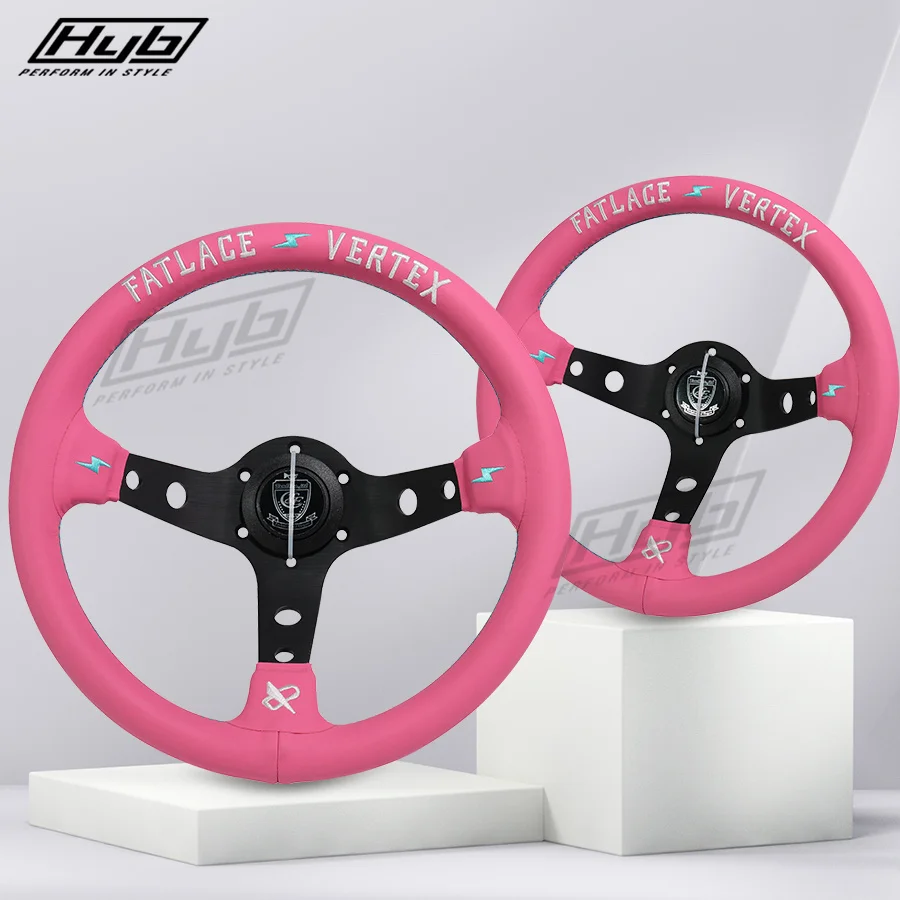 13-дюймовое кожаное розовое рулевое колесо JDM для универсального автомобиля, модифицированное Гоночное игровое рулевое колесо для дрифта Изображение 3