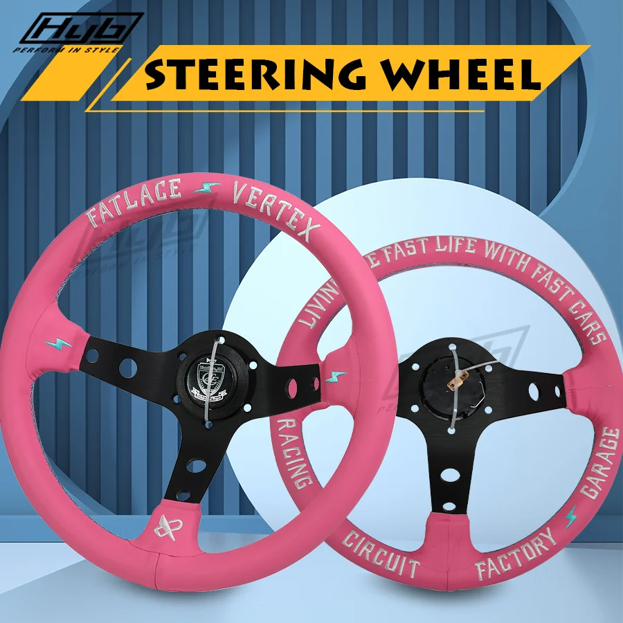 13-дюймовое кожаное розовое рулевое колесо JDM для универсального автомобиля, модифицированное Гоночное игровое рулевое колесо для дрифта Изображение 5