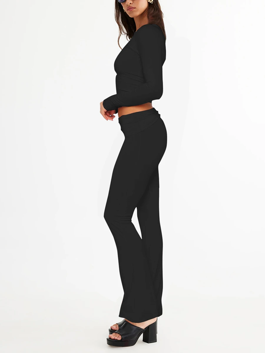 Однотонный женский комплект из двух предметов 2023, весна-осень, облегающие футболки с длинными рукавами, Брюки с низкой талией, повседневные спортивные костюмы, костюмы Изображение 1