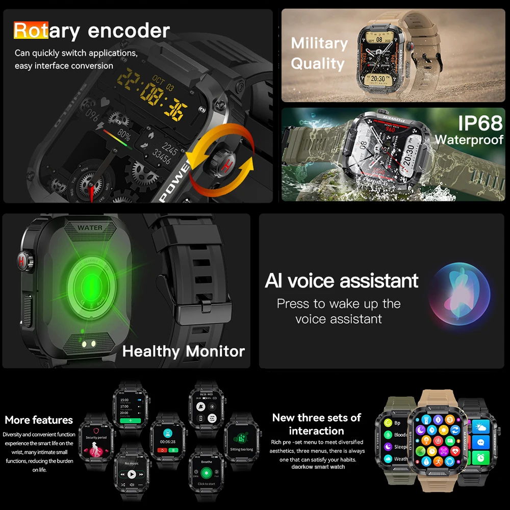 2023 Новые мужские смарт-часы с полным касанием для Android Xiaomi, фитнес-часы с кровяным давлением и кислородом, водонепроницаемые военные смарт-часы 5 Атм Изображение 2