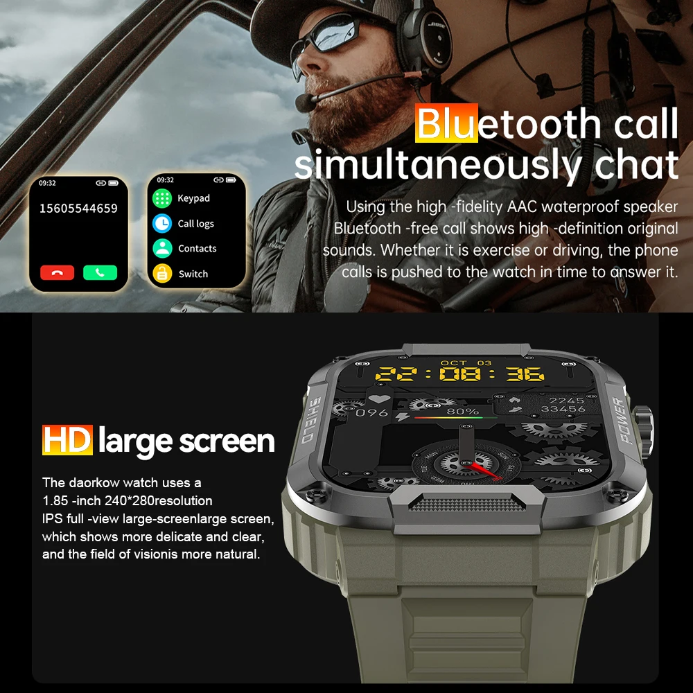 2023 Новые мужские смарт-часы с полным касанием для Android Xiaomi, фитнес-часы с кровяным давлением и кислородом, водонепроницаемые военные смарт-часы 5 Атм Изображение 5