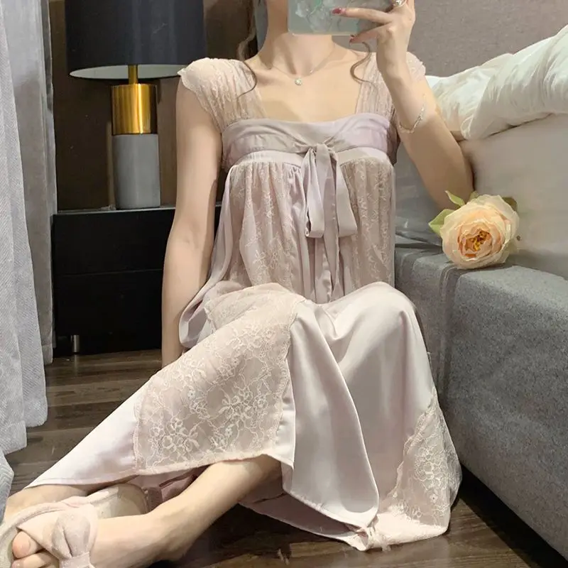 Длинная ночная рубашка, пижама для девочек, летняя милая принцесса, кружевной слинг, ледяной шелк, Тонкая свободная домашняя одежда Hanfu Изображение 0