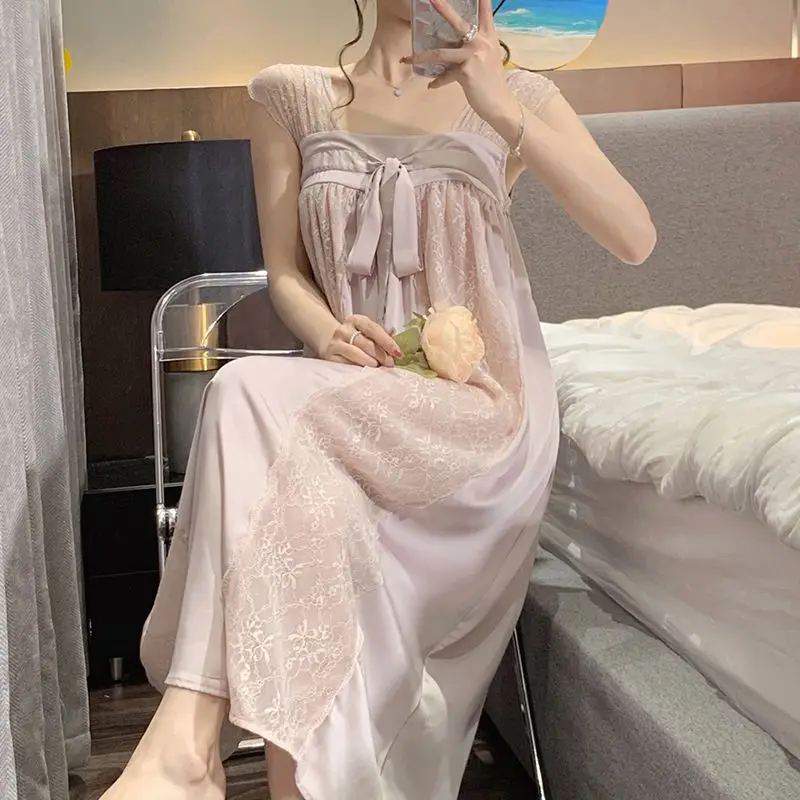 Длинная ночная рубашка, пижама для девочек, летняя милая принцесса, кружевной слинг, ледяной шелк, Тонкая свободная домашняя одежда Hanfu Изображение 1