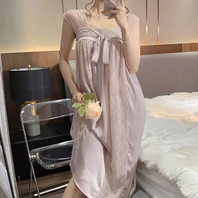 Длинная ночная рубашка, пижама для девочек, летняя милая принцесса, кружевной слинг, ледяной шелк, Тонкая свободная домашняя одежда Hanfu Изображение 2
