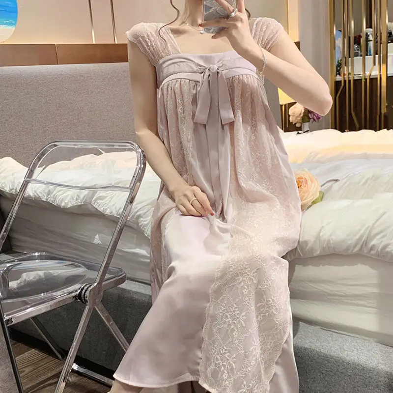 Длинная ночная рубашка, пижама для девочек, летняя милая принцесса, кружевной слинг, ледяной шелк, Тонкая свободная домашняя одежда Hanfu Изображение 3
