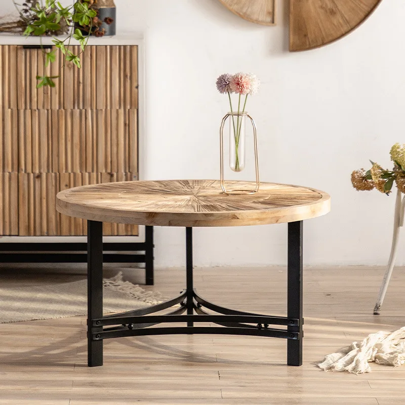 Чайно-журнальный столик из массива дерева в стиле Ретро, Современная минималистичная Железная Круглая Кровать, Приставной столик для гостиной, Креативная мебель, Мини-центральный столик Изображение 0