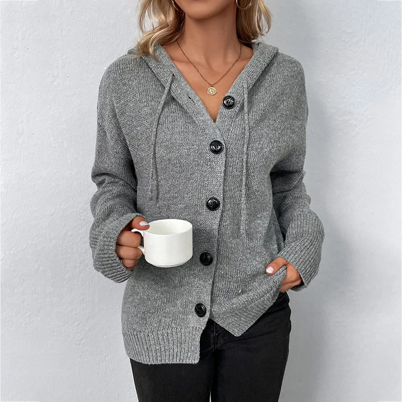 Вязаное пальто с завязками 2023, осенне-зимний новый однобортный женский свитер из однотонного материала с капюшоном Изображение 1