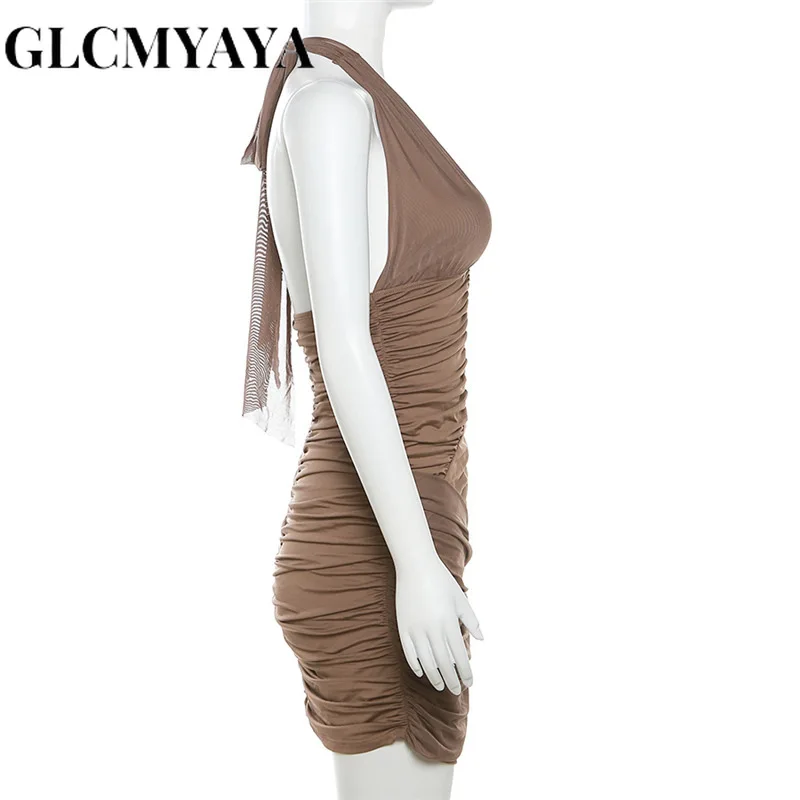 GLCMYAYA Женское Облегающее Мини-платье с узором в виде складок, Расшитое Блестками, с креплением на шее, Облегающее Мини-платье 2023, Модное Xshape, Облегающее Бедра, Сексуальные Вечерние Платья Изображение 4