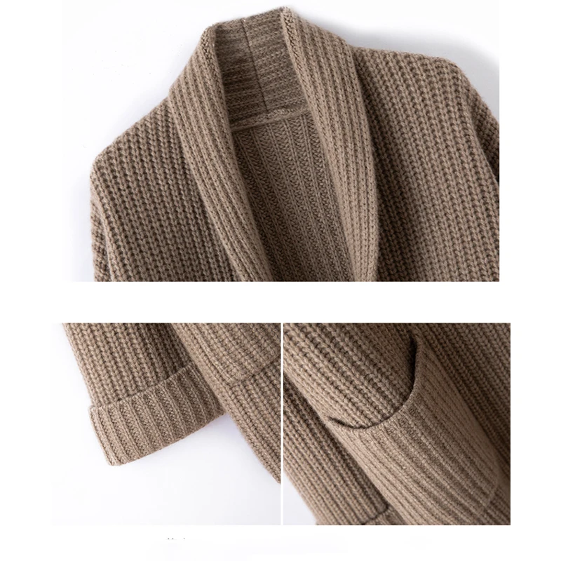 Осенний свитер-кардиган с длинным рукавом, зимние модные свободные повседневные длинные кардиганы с V-образным вырезом, женское пальто, топ из плотного однотонного трикотажа 28396 Изображение 4