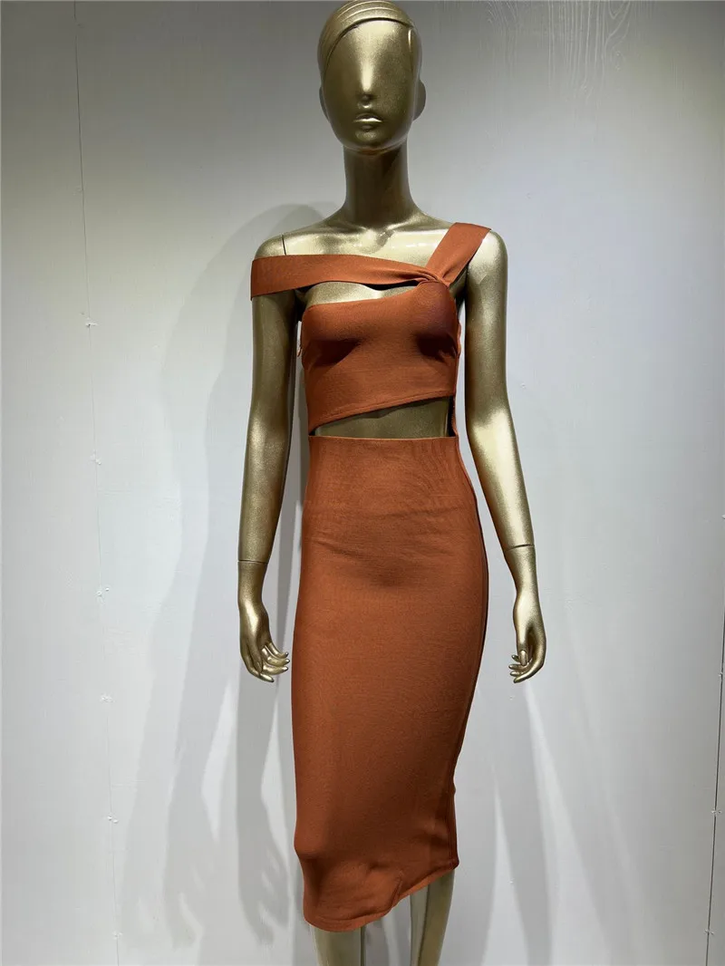 Новый дизайн, открытое бандажное платье Миди, Модное облегающее летнее платье с открытыми плечами, коричневое женское платье для вечеринок знаменитостей Изображение 3