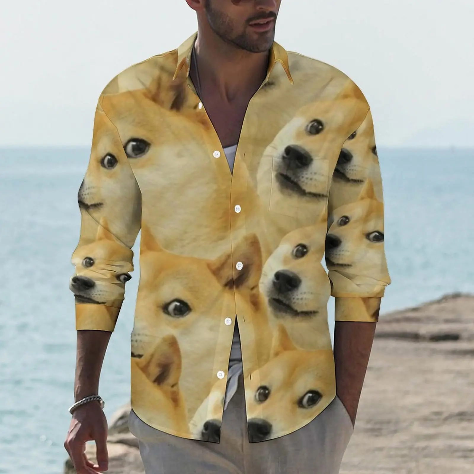 Эстетичная повседневная рубашка Meme, мужская рубашка Doge Shiba Inu, Весенняя новинка, Блузки С длинным рукавом, Графические топы Оверсайз Изображение 0