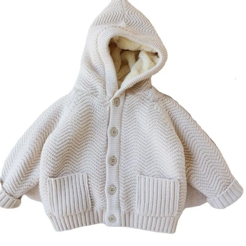 2023 Новая осенне-зимняя одежда Для девочек С утолщенным капюшоном Плюс флисовый свитер, пальто с карманами, женский кардиган для маленьких детей Изображение 4
