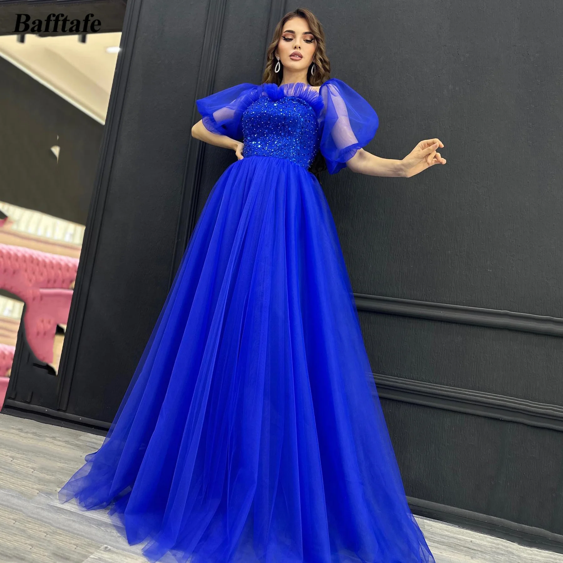 Bafftafe Royal Blue Трапециевидные тюлевые женские платья для выпускного вечера, специальные платья с короткими рукавами, расшитое бисером Арабское длинное вечернее платье для вечеринки Изображение 0
