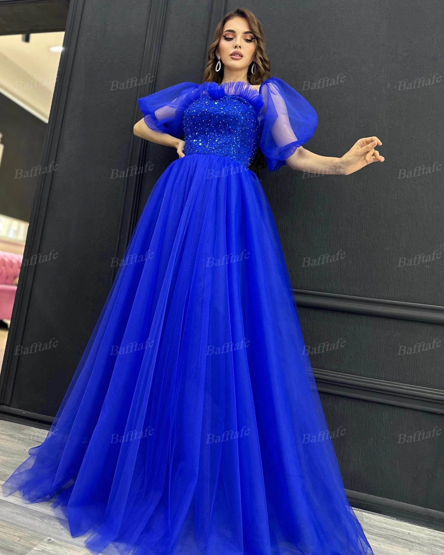 Bafftafe Royal Blue Трапециевидные тюлевые женские платья для выпускного вечера, специальные платья с короткими рукавами, расшитое бисером Арабское длинное вечернее платье для вечеринки Изображение 1