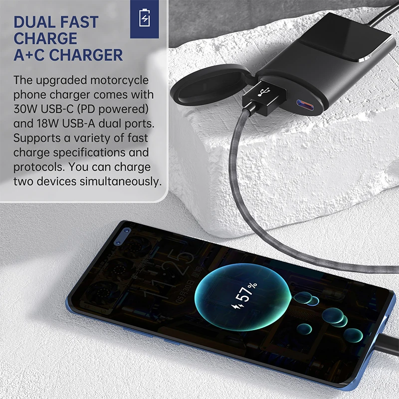 Ультратонкое зарядное устройство для телефона на мотоцикле с быстрым PD и USB-креплением для зеркала заднего вида Изображение 2