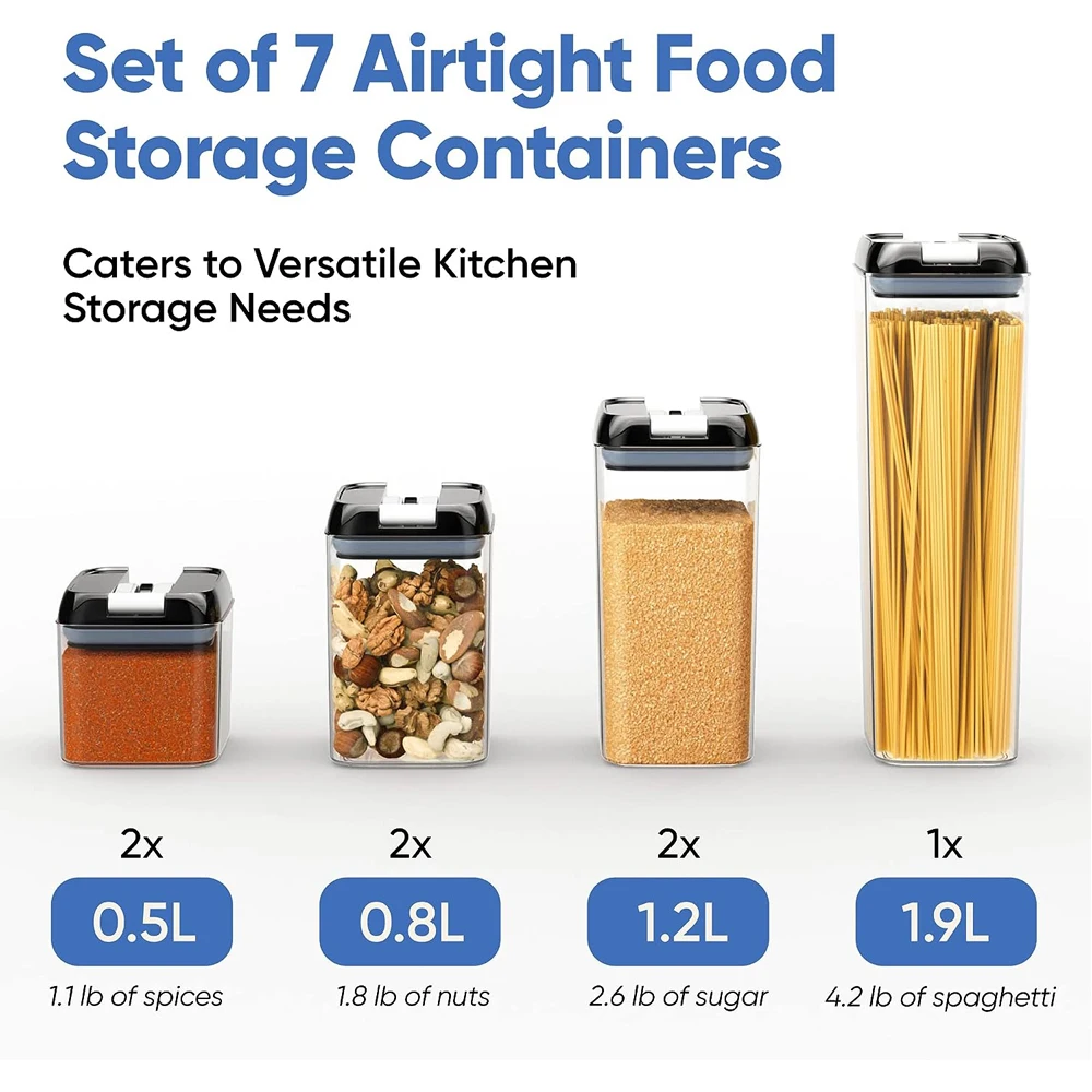 7 шт. герметичных контейнеров для хранения продуктов для кухни и кладовой, организации и хранения пластиковых контейнеров для пищевых продуктов, не содержащих BPA, с этикетками Изображение 1