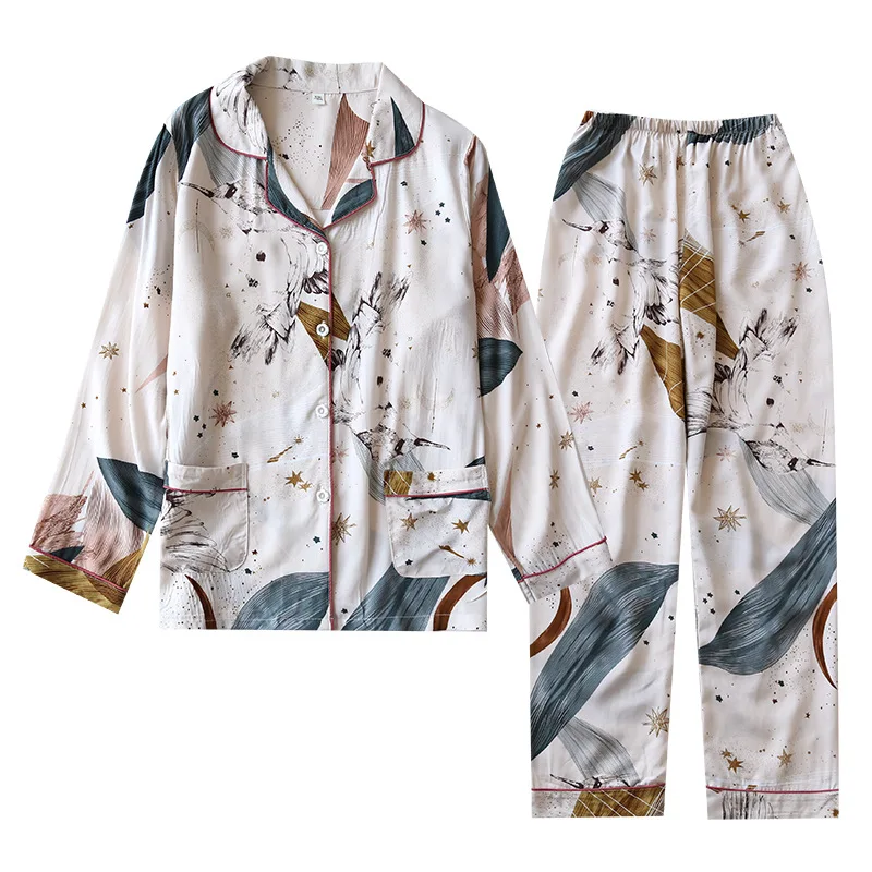 Хлопковая шелковая пижама, Женский летний костюм-двойка, Тонкая пижама из искусственного хлопка с длинными рукавами, Летний хлопковый шелковый костюм Изображение 4
