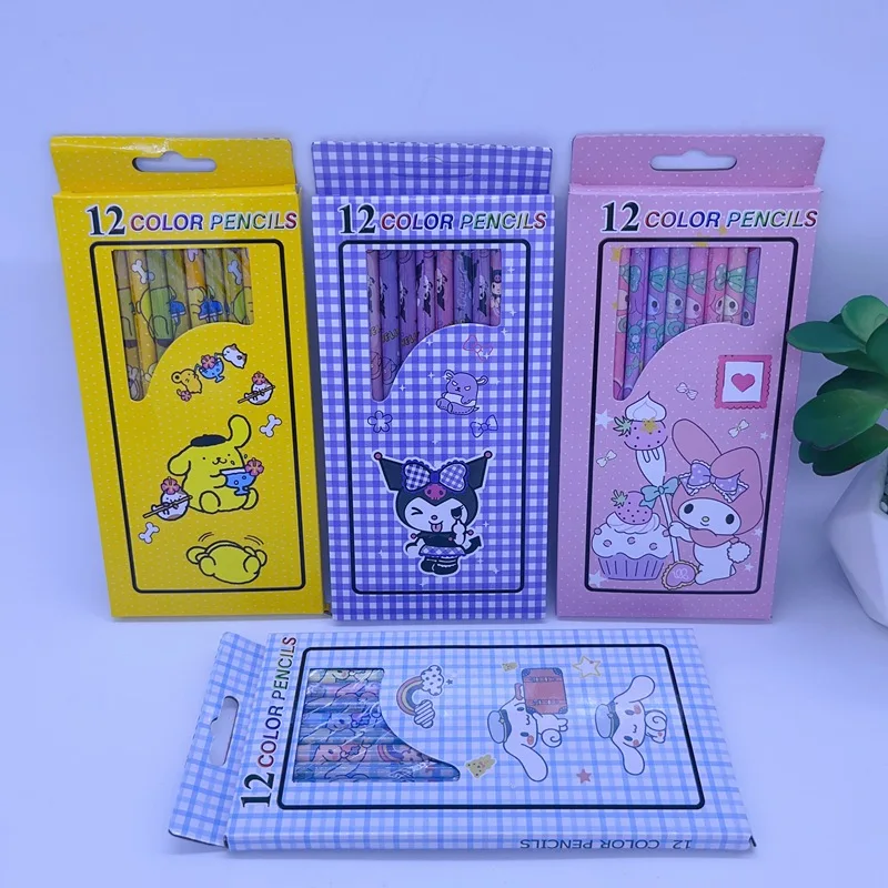 12 коробок цветных Карандашей из аниме Sanrio Kawaii Kuromi Melody Cinnamoroll Pencil Kids Prize Painting Канцелярские принадлежности Оптом Изображение 1