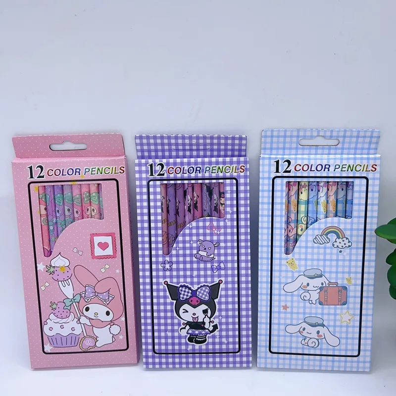 12 коробок цветных Карандашей из аниме Sanrio Kawaii Kuromi Melody Cinnamoroll Pencil Kids Prize Painting Канцелярские принадлежности Оптом Изображение 3