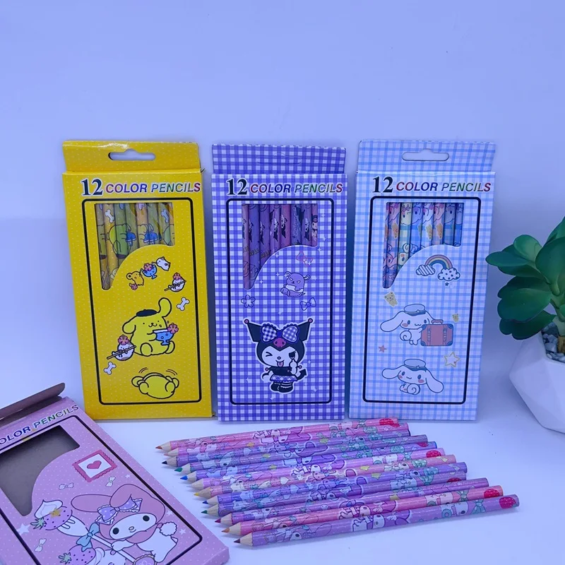12 коробок цветных Карандашей из аниме Sanrio Kawaii Kuromi Melody Cinnamoroll Pencil Kids Prize Painting Канцелярские принадлежности Оптом Изображение 4