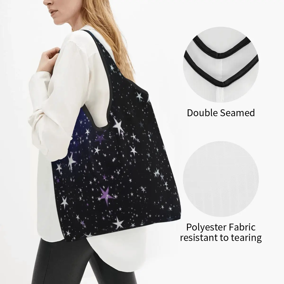 Женская повседневная сумка для покупок с голубым небом и звездами, сумка-тоут большой емкости, портативная сумка для хранения, складные сумки Изображение 1
