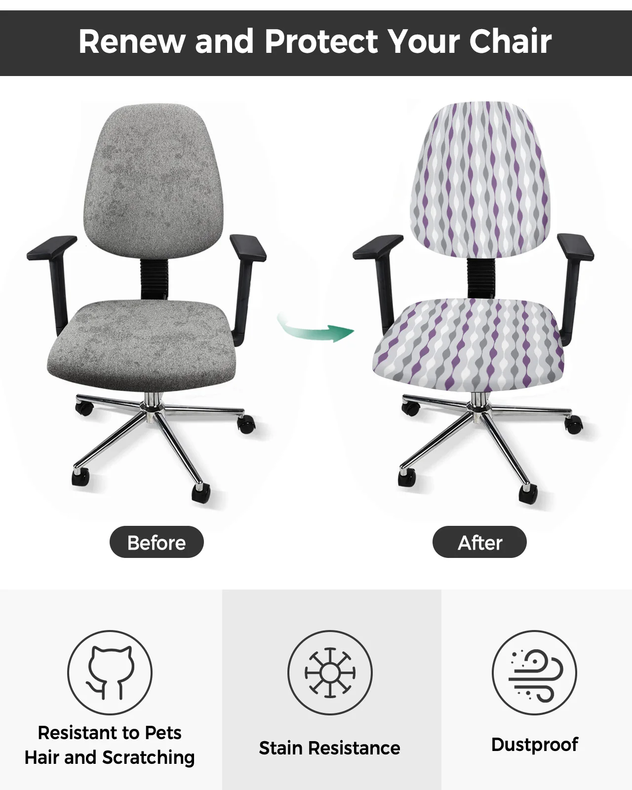 Фиолетово-серые геометрические полосы, эластичный чехол для компьютерного кресла, Эластичный съемный чехол для офисного кресла, Разрезные чехлы для сидений Изображение 1