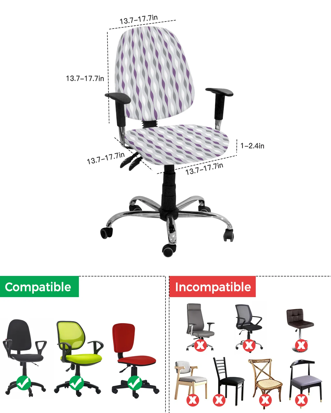 Фиолетово-серые геометрические полосы, эластичный чехол для компьютерного кресла, Эластичный съемный чехол для офисного кресла, Разрезные чехлы для сидений Изображение 3