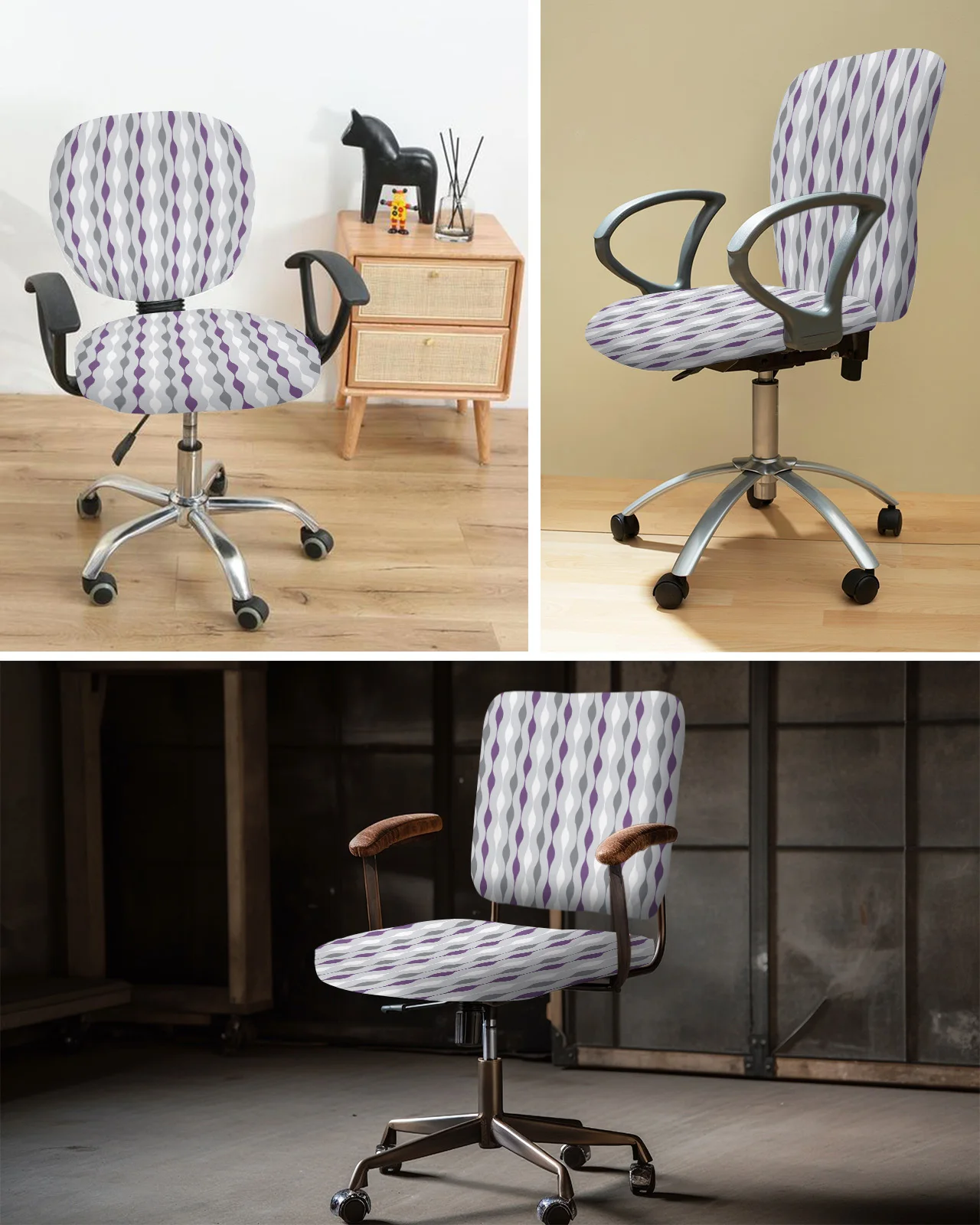 Фиолетово-серые геометрические полосы, эластичный чехол для компьютерного кресла, Эластичный съемный чехол для офисного кресла, Разрезные чехлы для сидений Изображение 5