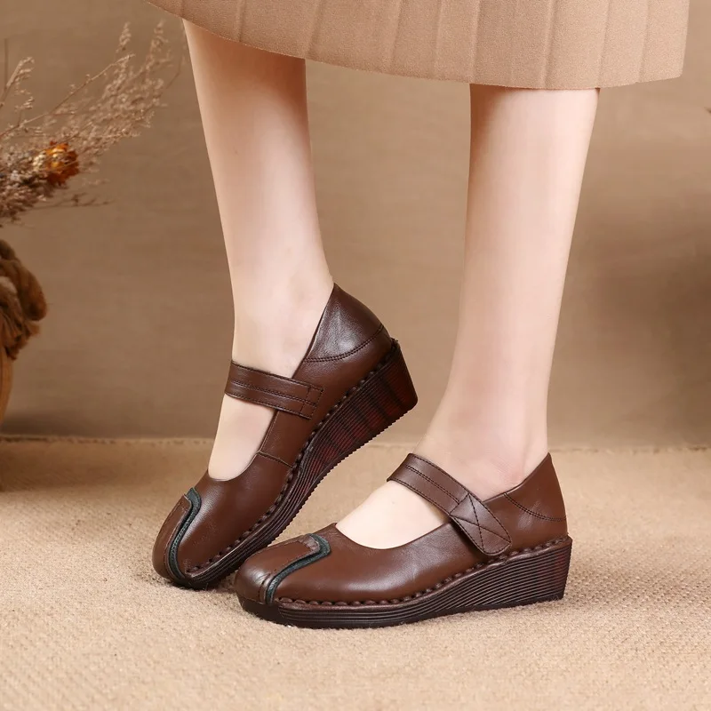 Женские туфли на танкетке из натуральной коровьей кожи, женские повседневные туфли на выдалбленном каблуке Изображение 5