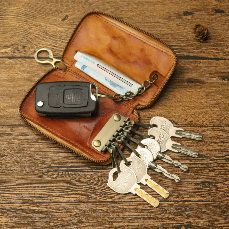 Оригинальная сумка для ключей из кожи растительного дубления для мужчин, висящая на поясе, многофункциональная автомобильная карта двойного назначения Изображение 3