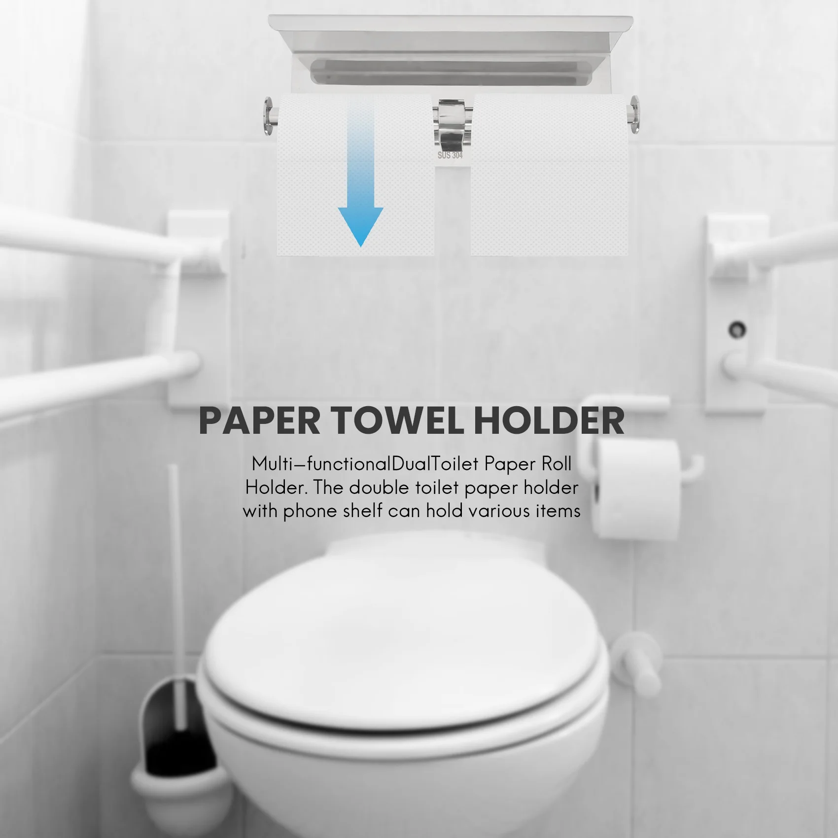Двойной держатель туалетной бумаги с полкой для телефона, двойной диспенсер для рулонной бумаги с полкой, держатель рулона туалетной бумаги с подставкой Изображение 0