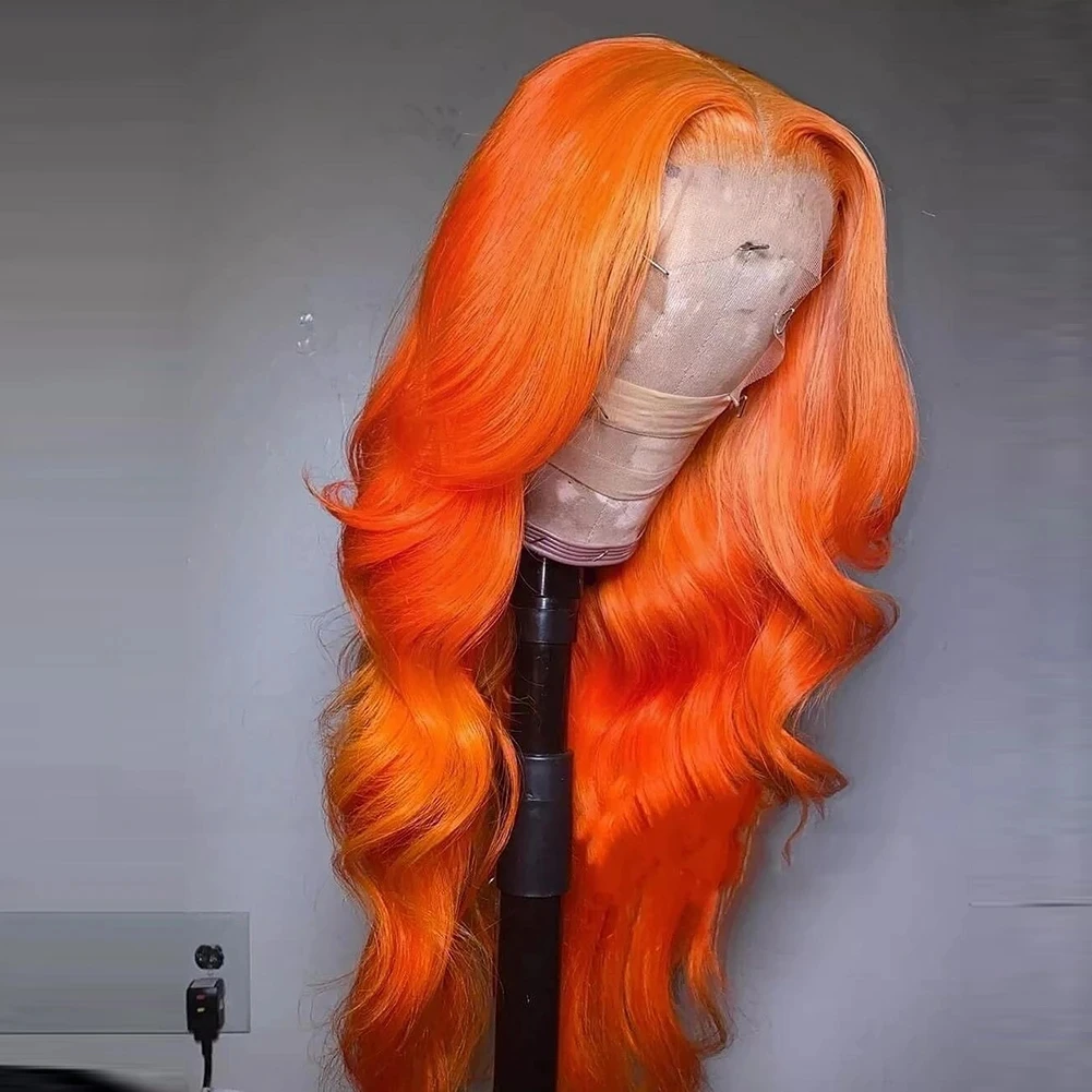 Длинный Волнистый парик Оранжевого цвета, Синтетический Парик с кружевом спереди, Средняя часть для чернокожих женщин, парики с кружевом спереди из высокотемпературного волокна Изображение 1
