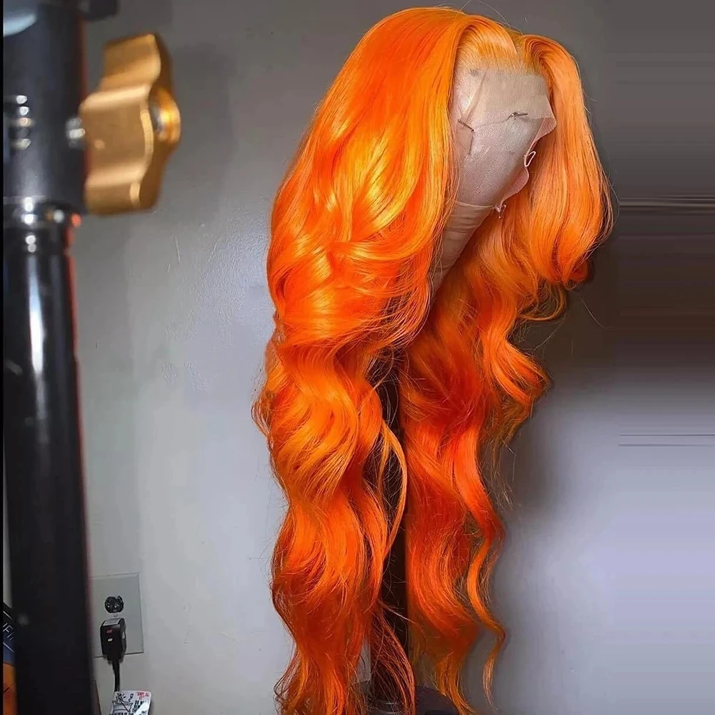 Длинный Волнистый парик Оранжевого цвета, Синтетический Парик с кружевом спереди, Средняя часть для чернокожих женщин, парики с кружевом спереди из высокотемпературного волокна Изображение 2