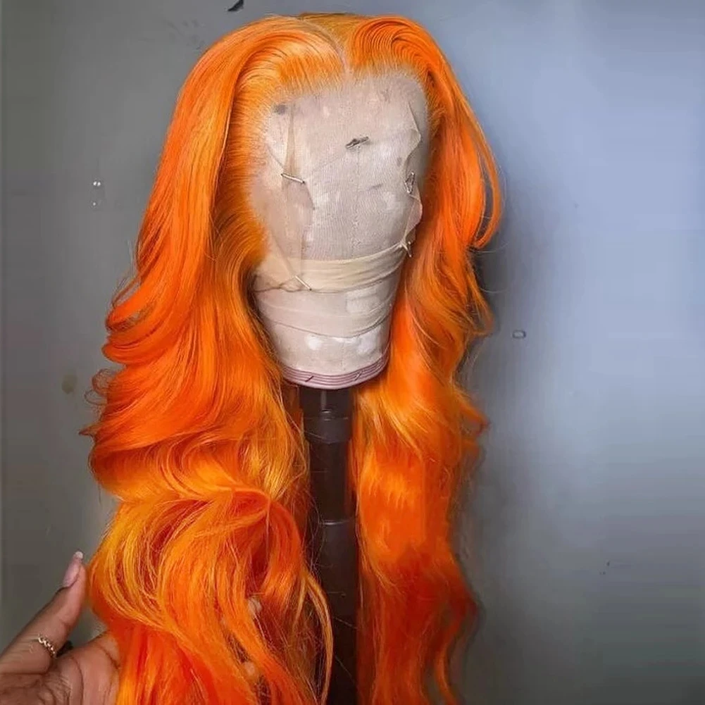 Длинный Волнистый парик Оранжевого цвета, Синтетический Парик с кружевом спереди, Средняя часть для чернокожих женщин, парики с кружевом спереди из высокотемпературного волокна Изображение 3