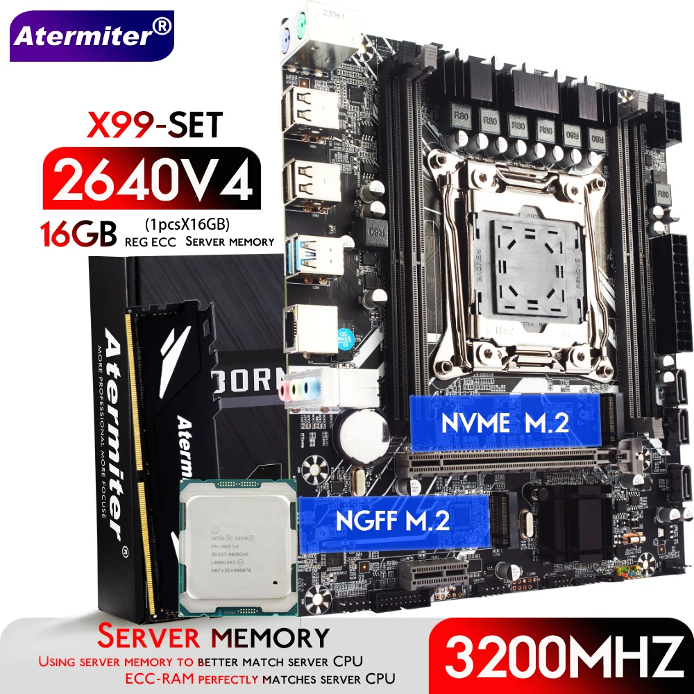 Материнская плата Atermiter X99 D4 в комплекте с процессором Xeon E5 2640 V4 LGA2011-3 2640v4 16 ГБ оперативной памяти 3200 МГц DDR4 REG ECC Изображение 0