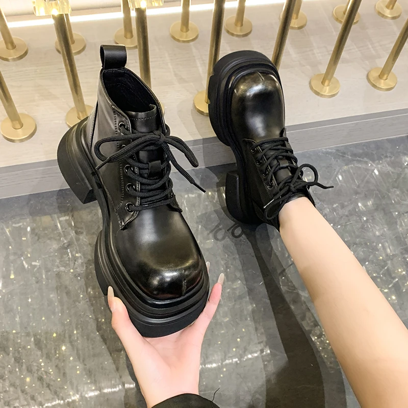 Готические сапоги на толстой подошве Женская обувь 2023 Новый Винтажный Старый Градиентный Мацутаке Снизу на шнуровке Классические короткие ботинки Big Head Изображение 1