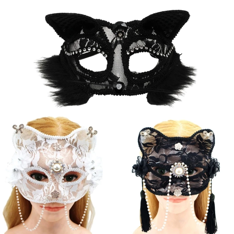 Маска лисы Маскарадная маска для вечеринки на Хэллоуин Полумаска Кружевная маска кошки Изображение 0