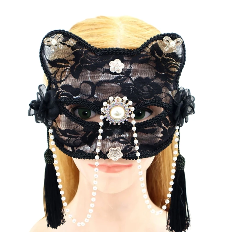 Маска лисы Маскарадная маска для вечеринки на Хэллоуин Полумаска Кружевная маска кошки Изображение 1